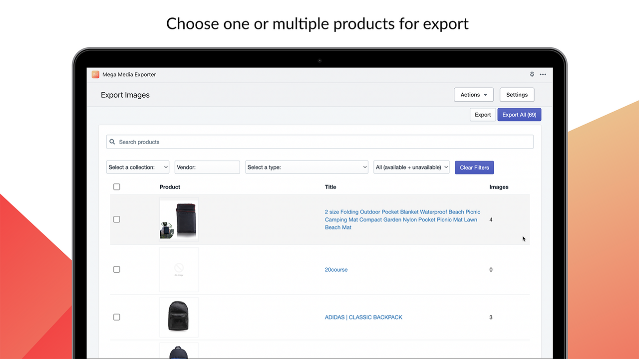 Mega Media Exporter – tabel over produkter tilgængelige for eksport