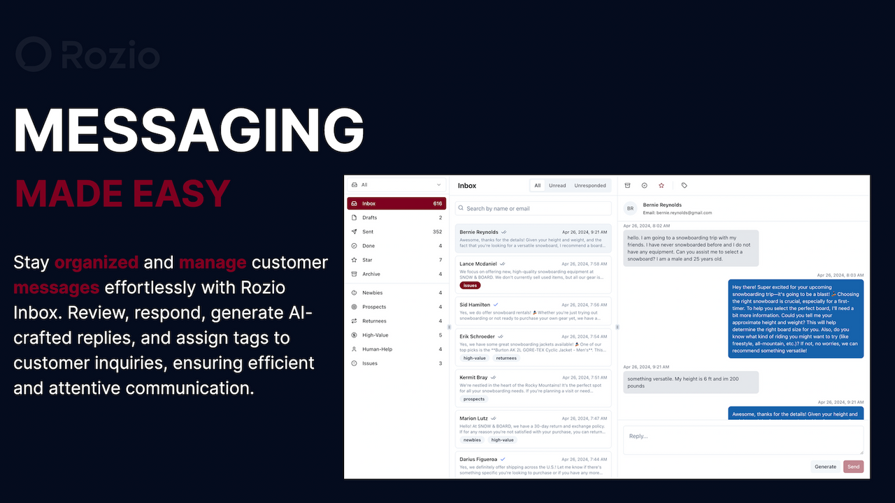 Rozio AI: Effortlessly manage customer messages with AI inbox.