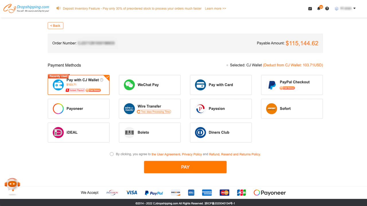 Multiple payment methods, including Paypal and credit card.