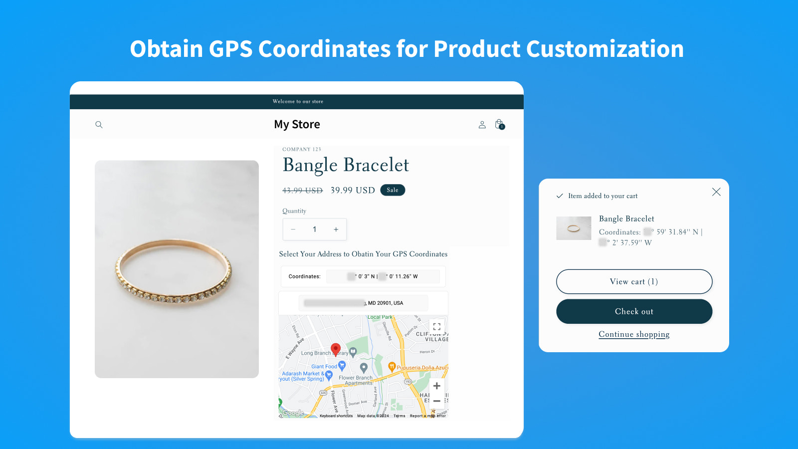Offrez une personnalisation de produit avec des coordonnées GPS dans la page du produit