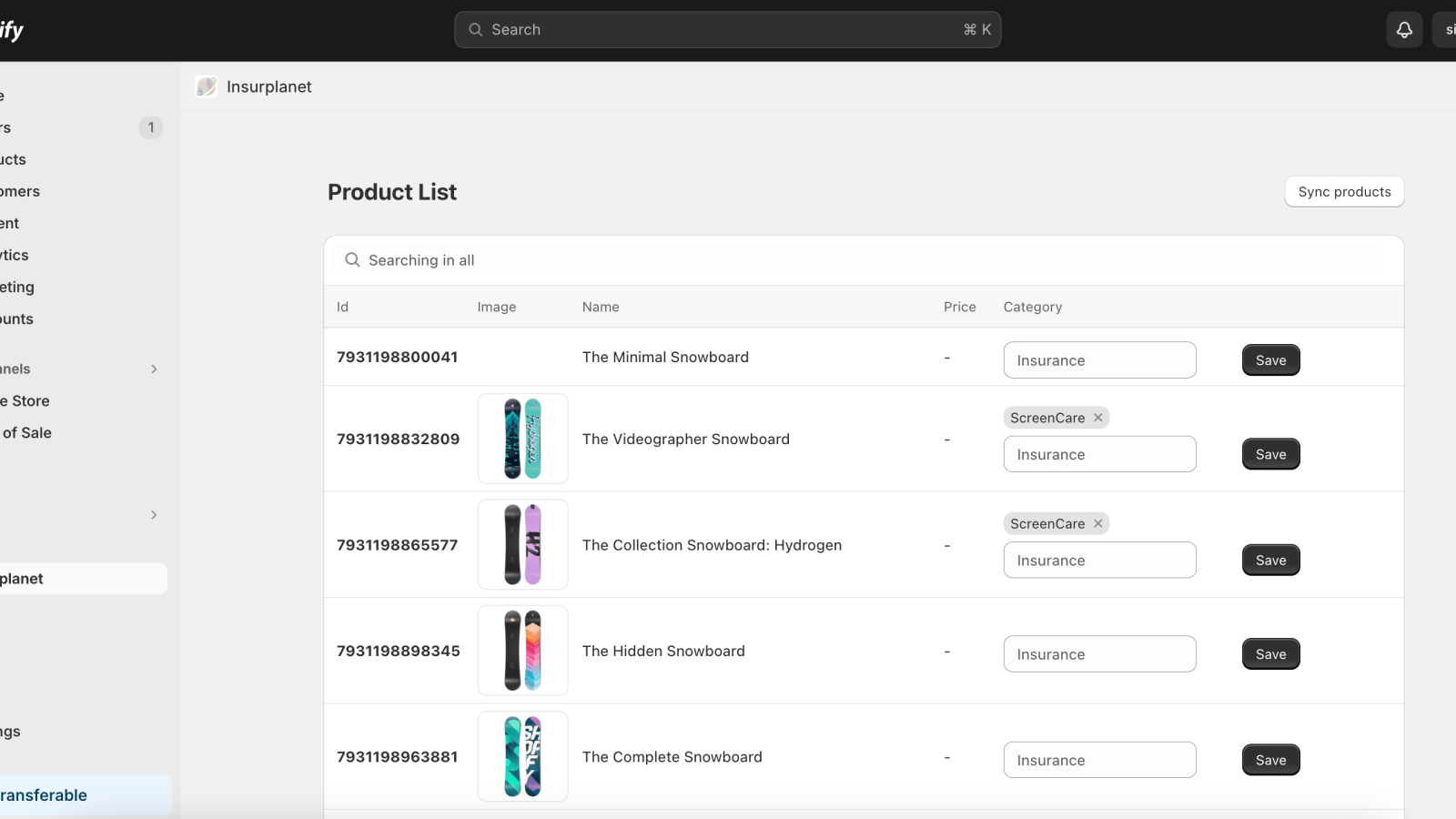 Painel Administrativo para selecionar produtos segurados