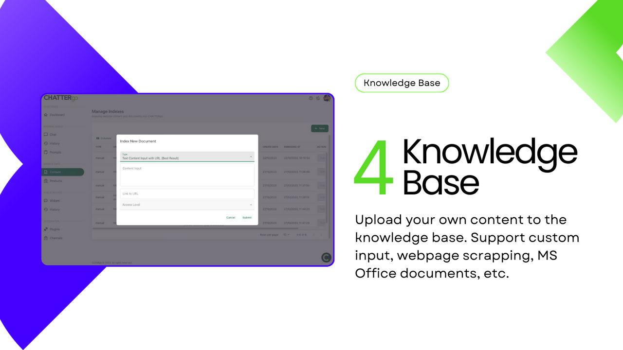 Upload your own knowledge base with wide variety of formats
