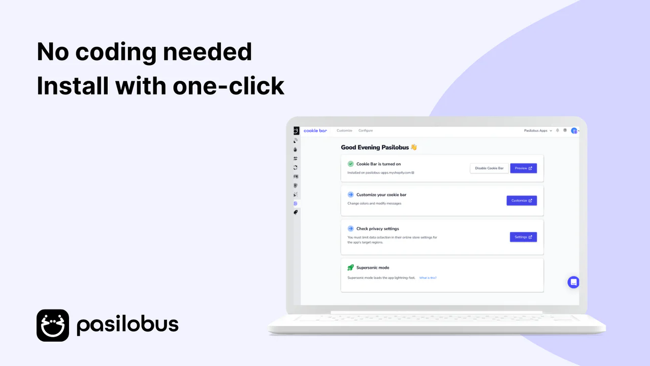 No coding needed Install with one-click | Cookie bar