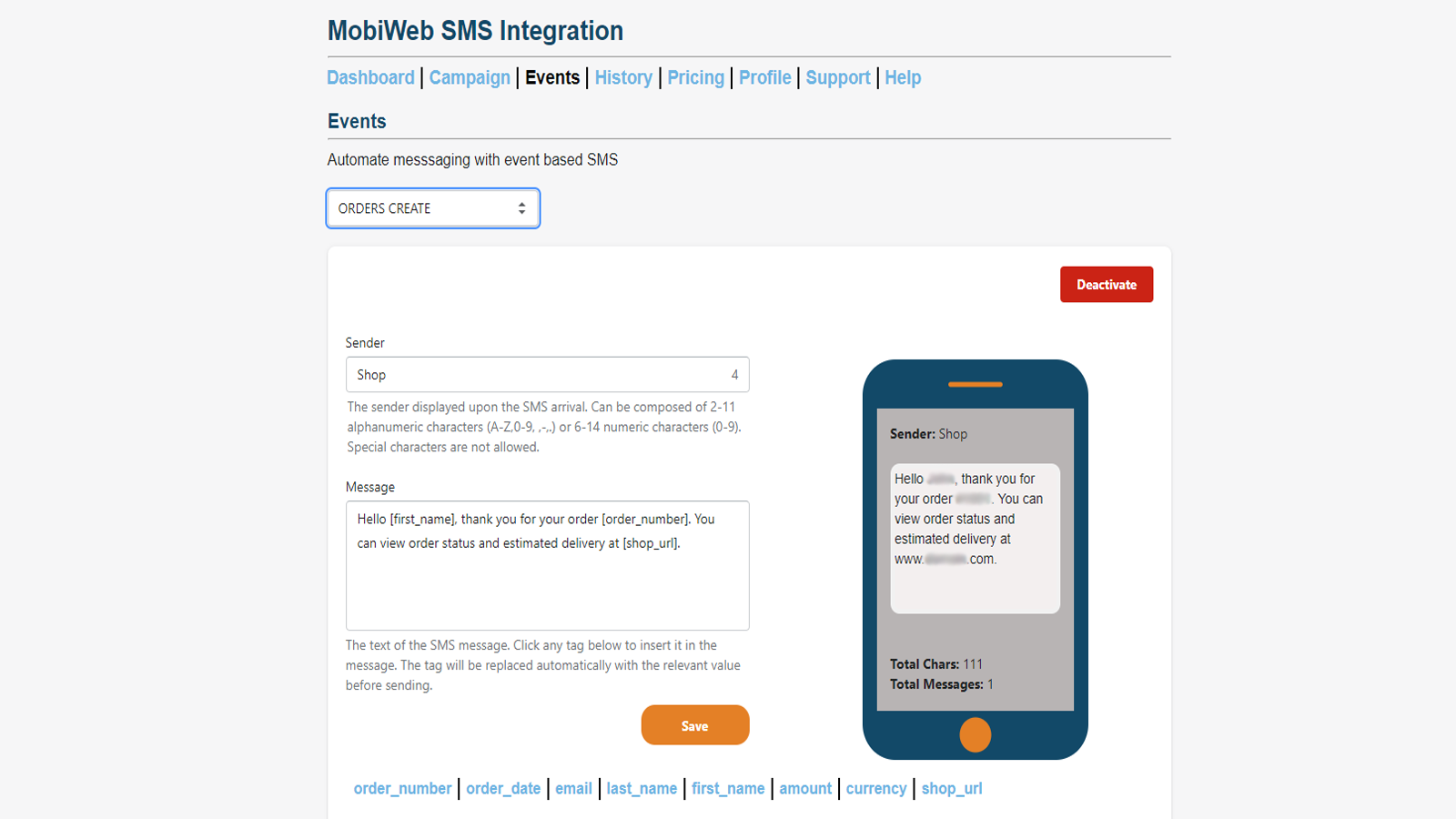 Imagen de los eventos de la tienda de la aplicación MobiWeb SMS
