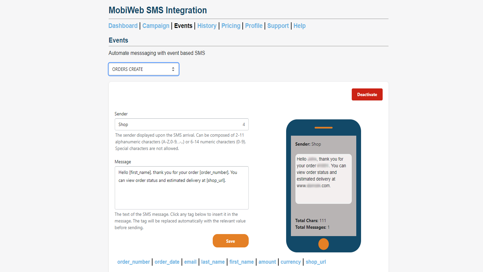 MobiWeb SMS Integration Screenshot