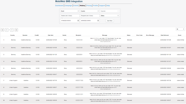 MobiWeb App SMS Statistics Picture