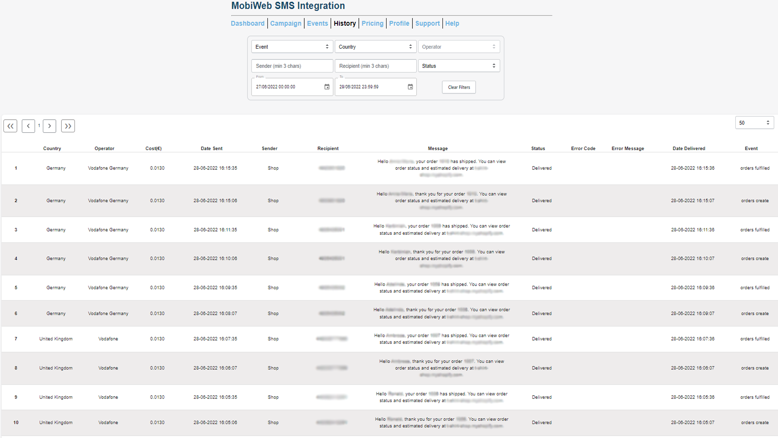 MobiWeb SMS Integration Screenshot