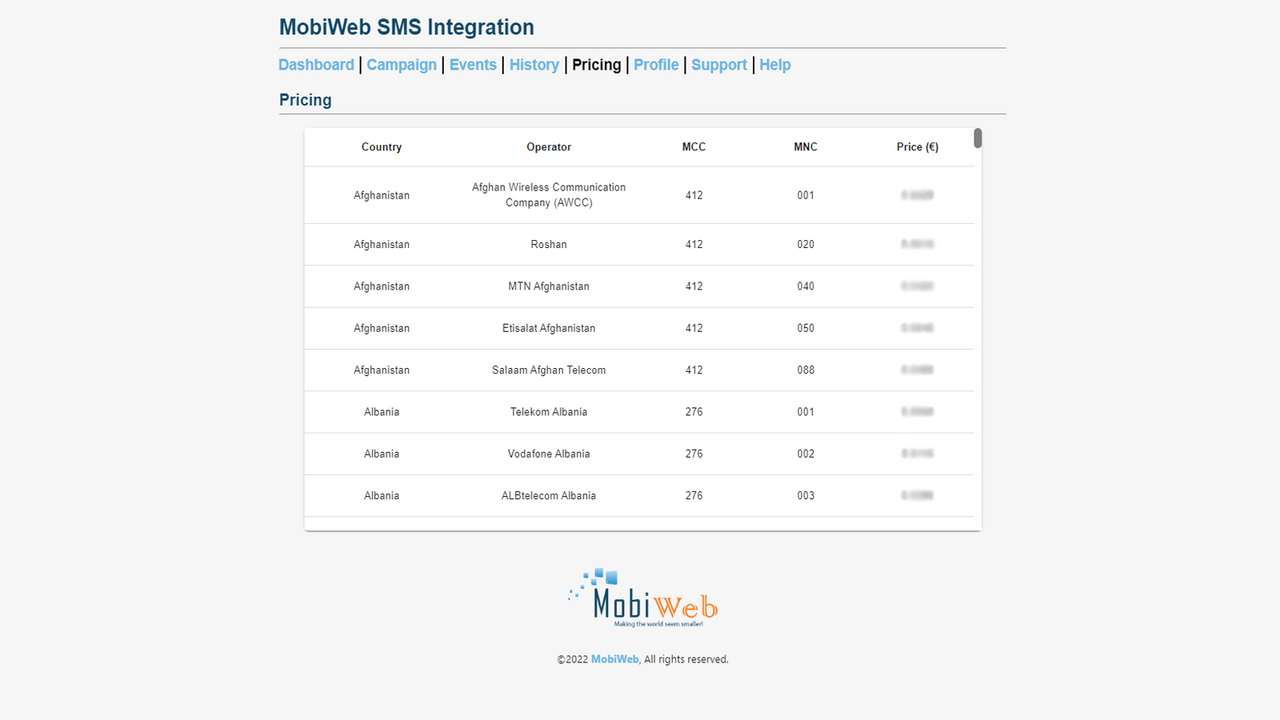 MobiWeb SMS App Pricing Picture