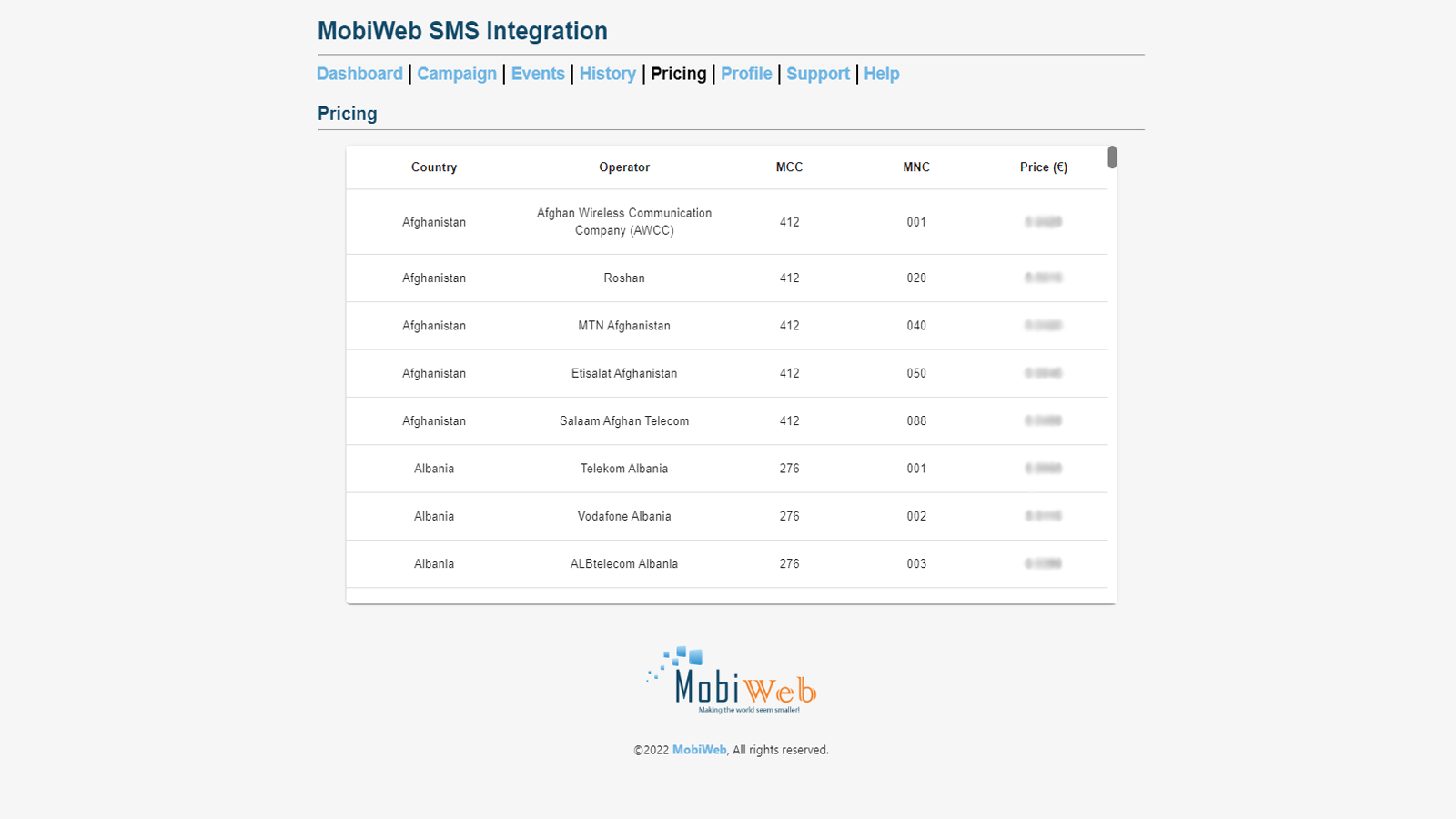 MobiWeb SMS App Pricing Picture