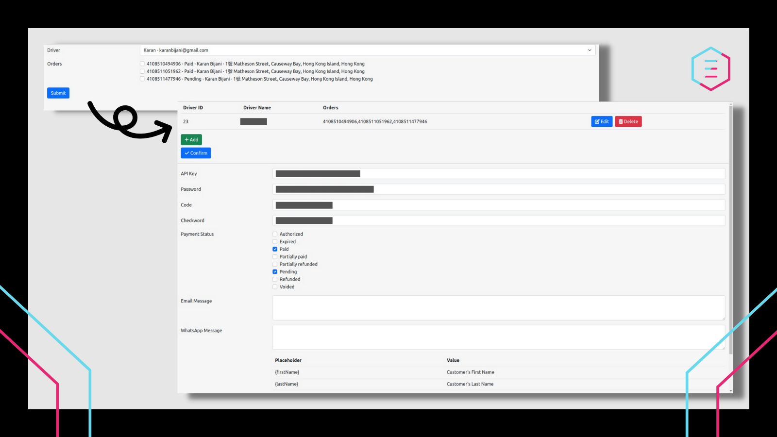 Vue de l'application lors de l'attribution des commandes aux chauffeurs