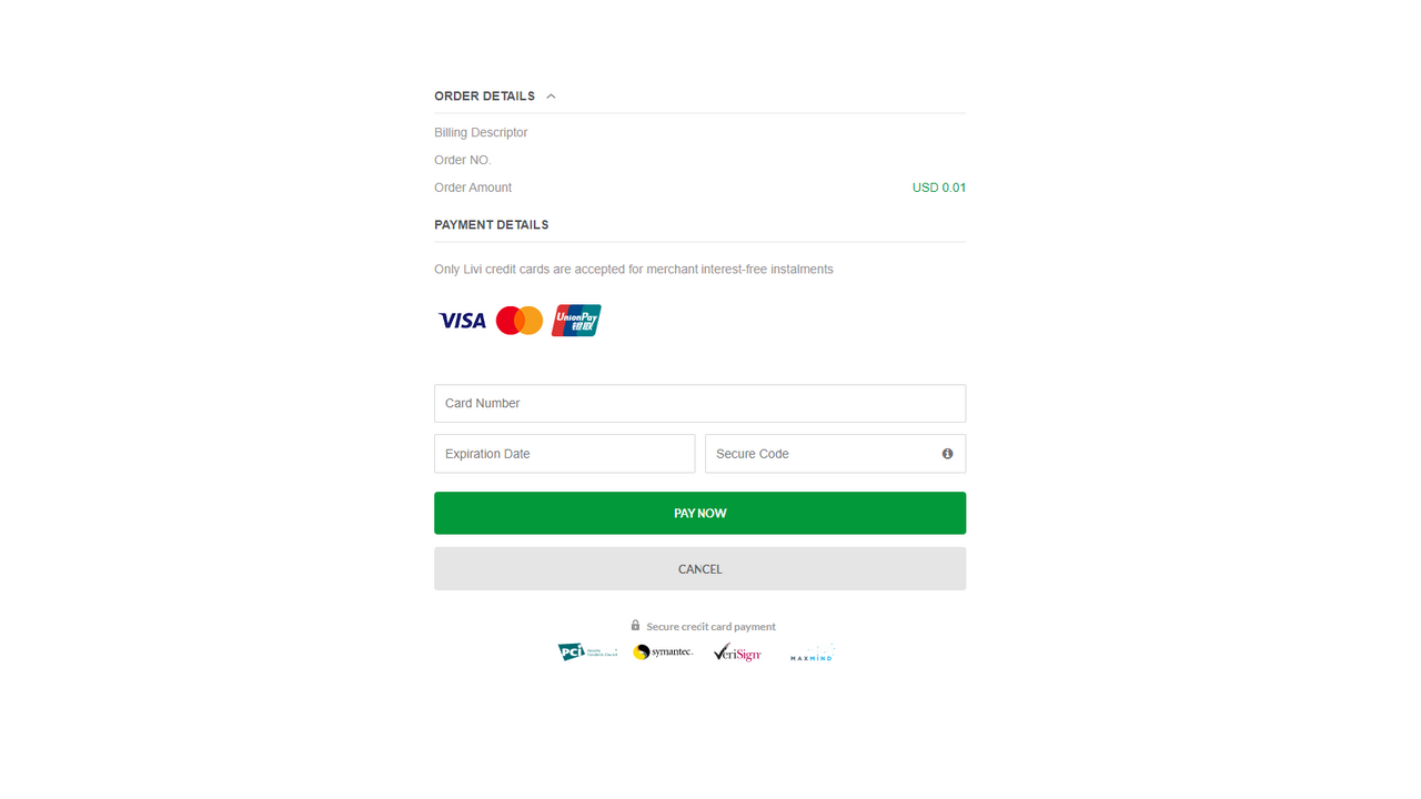 LIVI Instalment payment page.