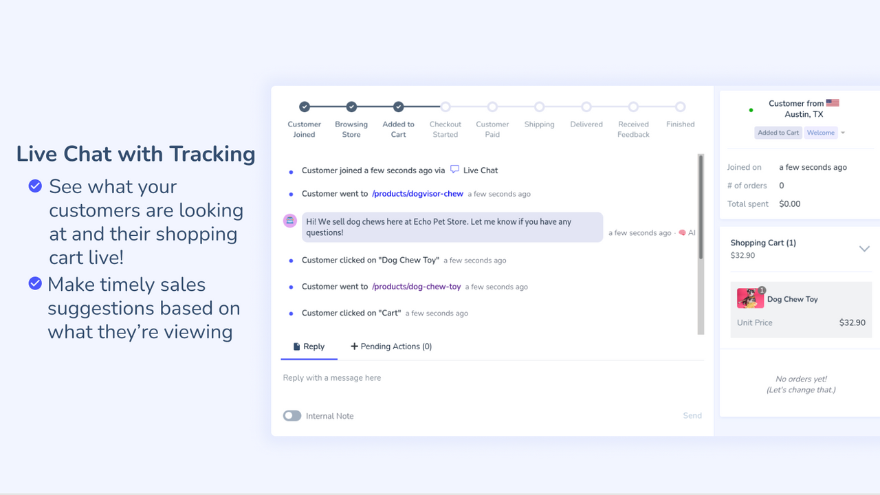 Live chat that tracks clicks, page views, and carts