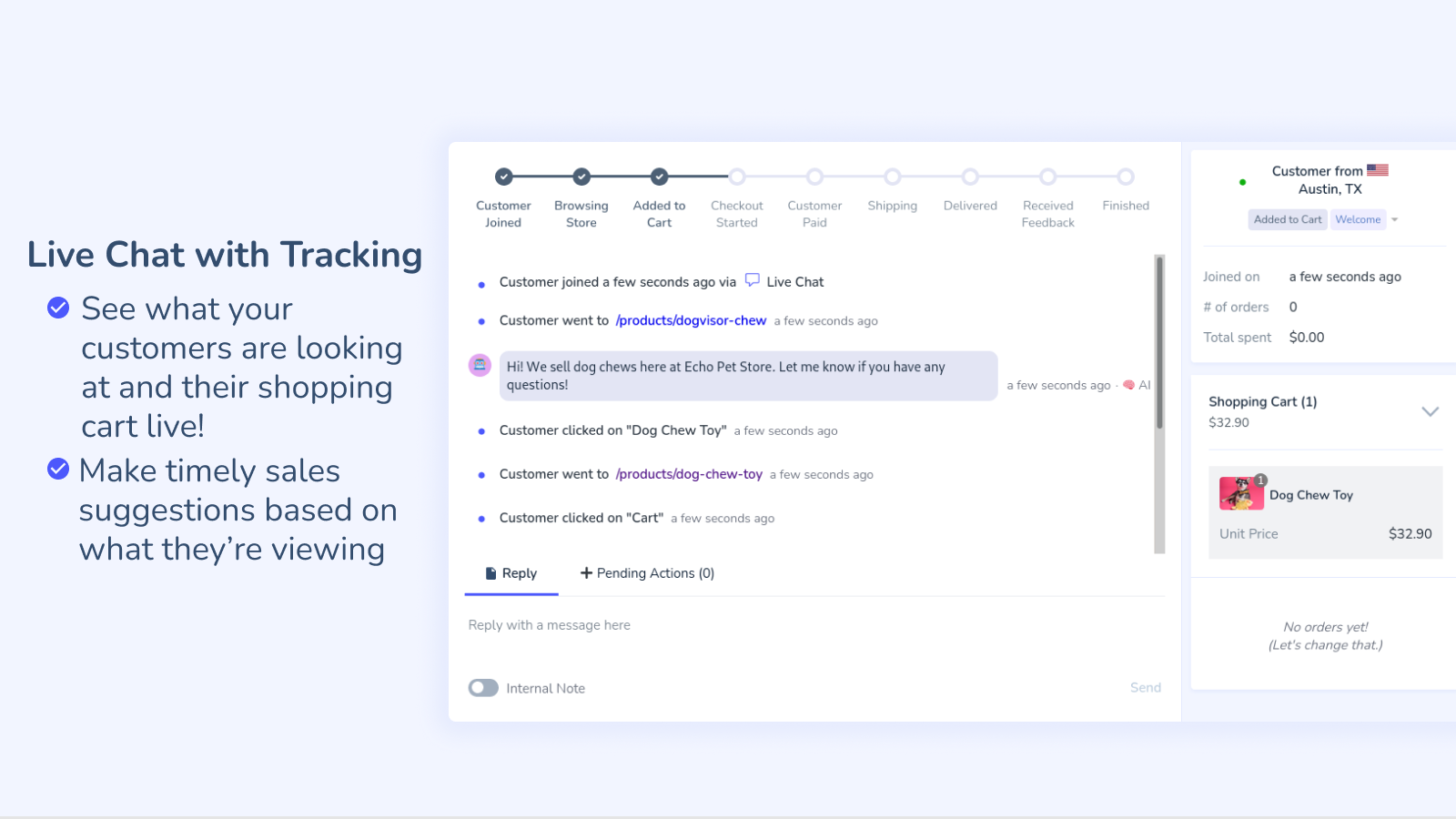 Live chat that tracks clicks, page views, and carts