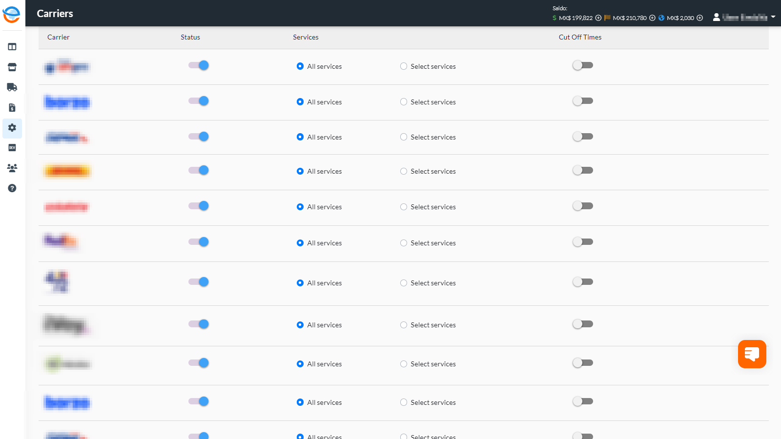 Filters for carriers, services and cut off times