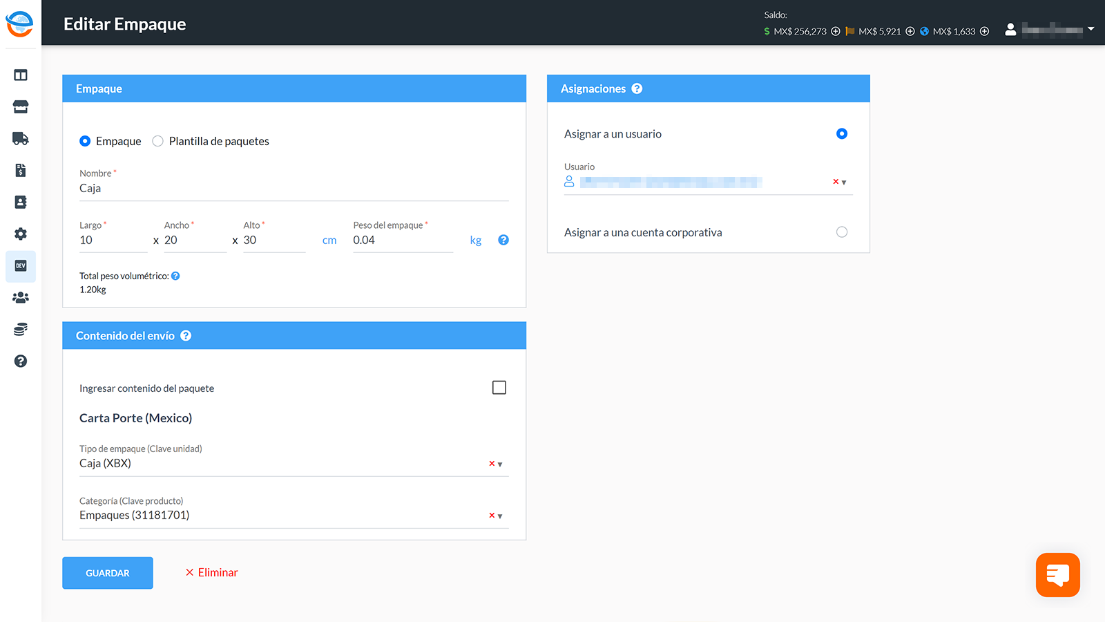 Configuración de empaques