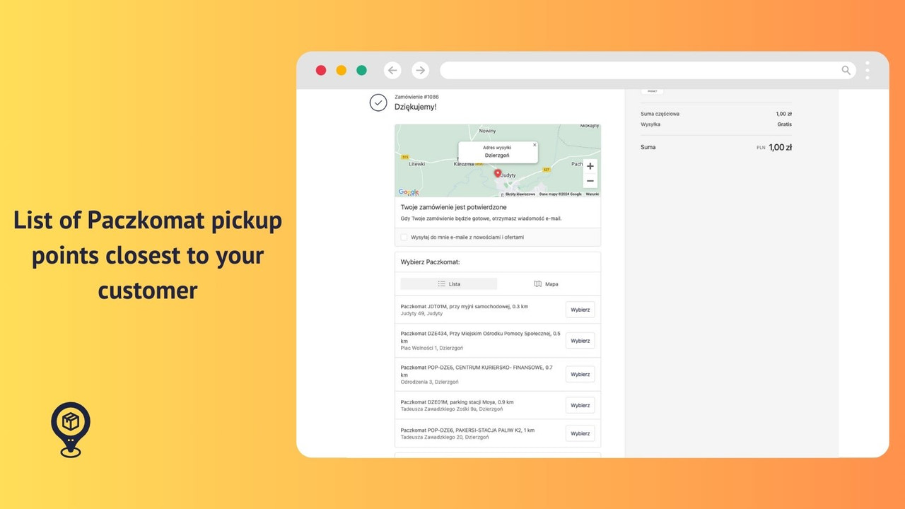 List of Paczkomaty on the order confirmation page