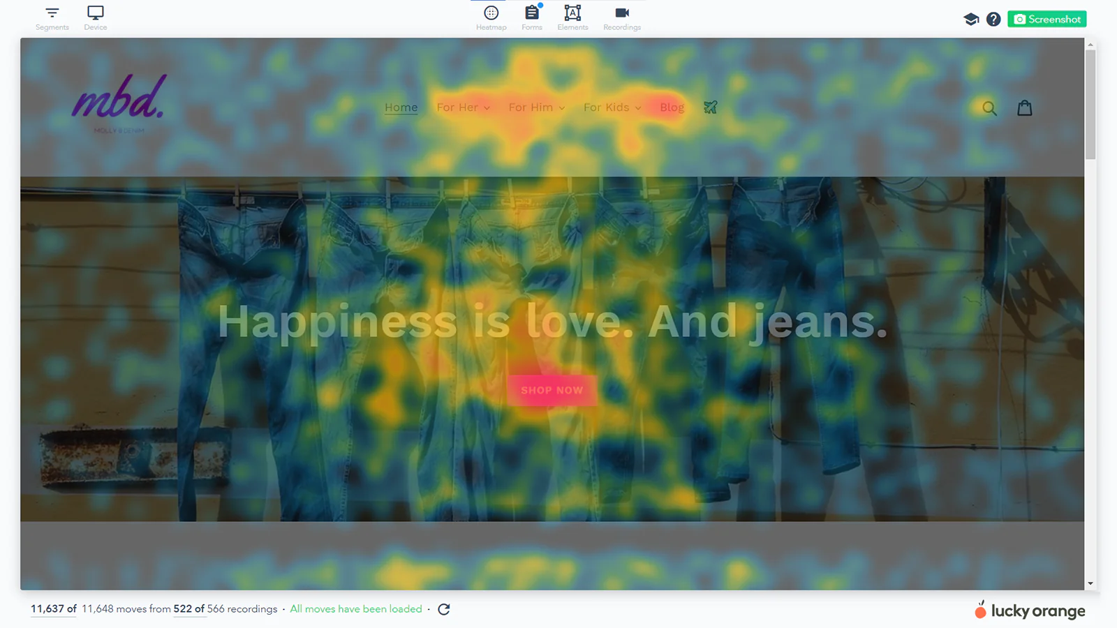 Os Heatmaps Dinâmicos do Lucky Orange fornecem uma sobreposição interativa