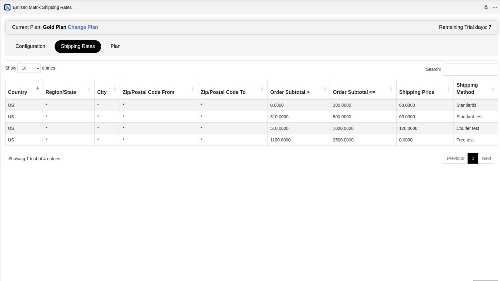 Emizen Matrix Shipping Rates Screenshot