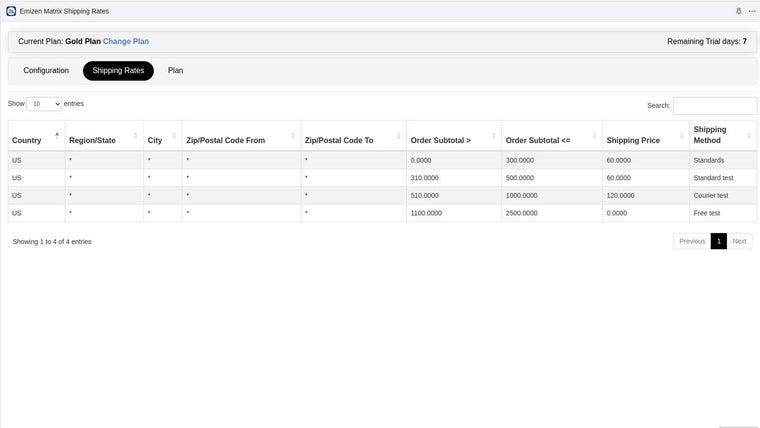 Emizen Matrix Shipping Rates Screenshot