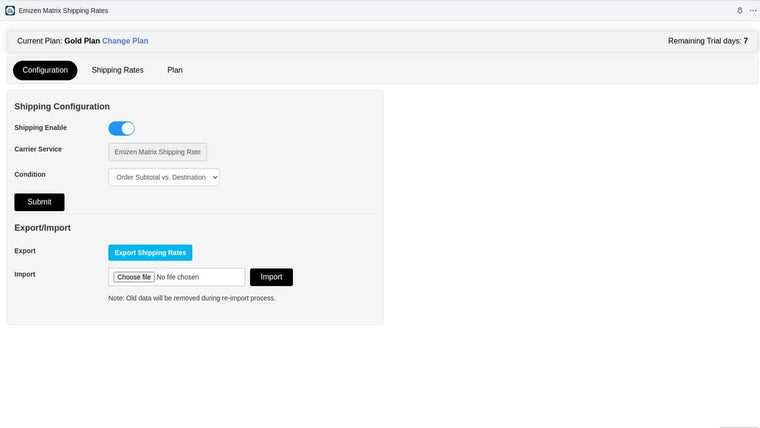 Emizen Matrix Shipping Rates Screenshot