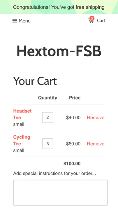 Shopify App, Free Shipping Bar av Hextom, erbjudande om fri frakt