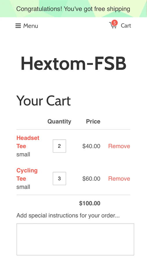 Aplicación Shopify, Free Shipping Bar de Hextom, oferta de envío gratuito