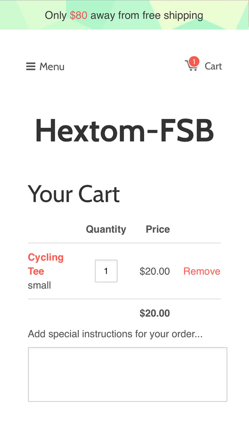 Shopify App, Free Shipping Bar av Hextom, erbjudande om fri frakt