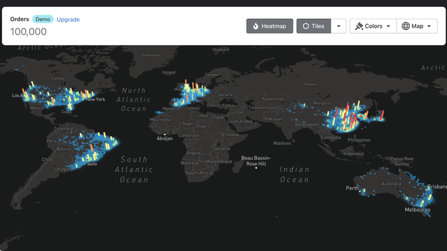 Vue mondiale en hexagone 3D avec jusqu'à 100 000 commandes