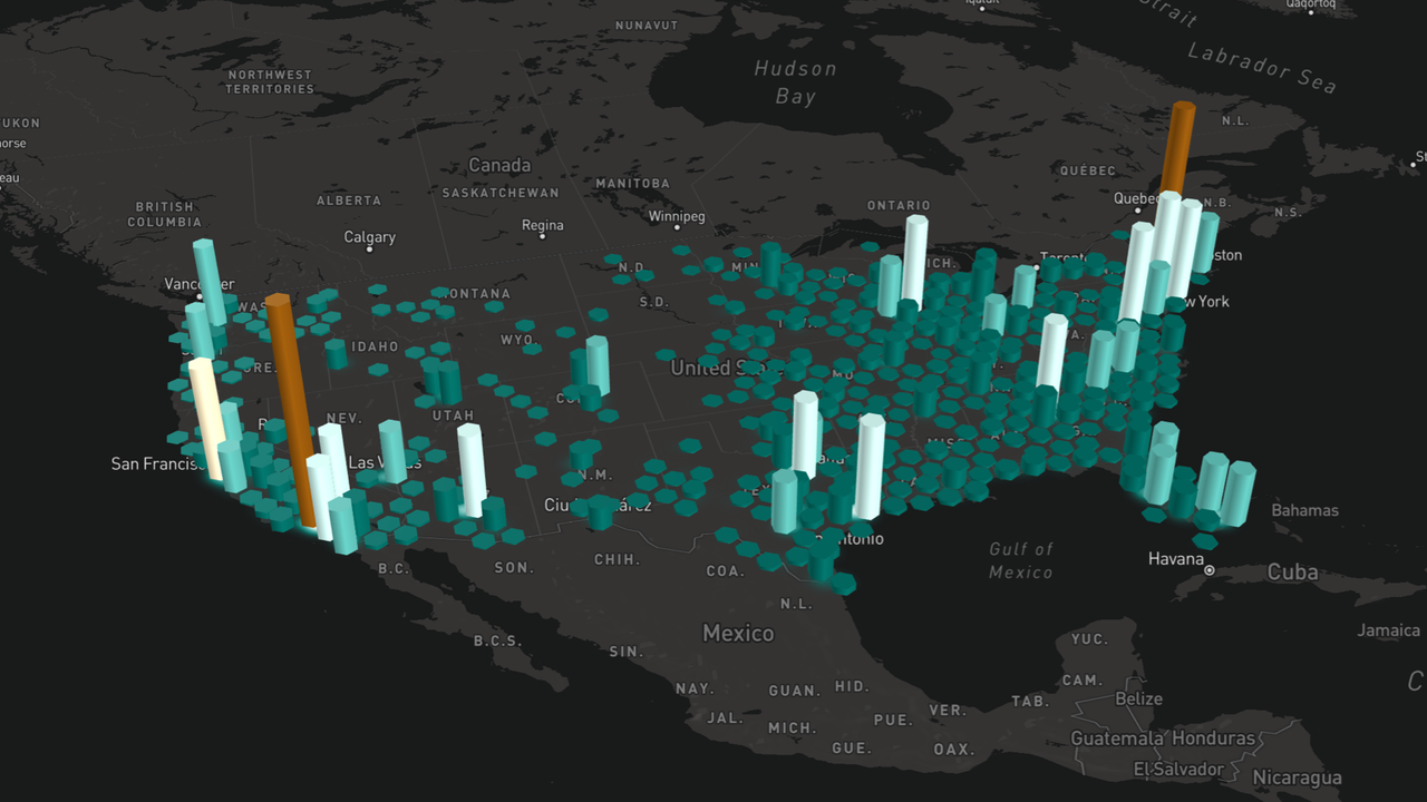 Visão detalhada do mapa de pedidos dos Estados Unidos