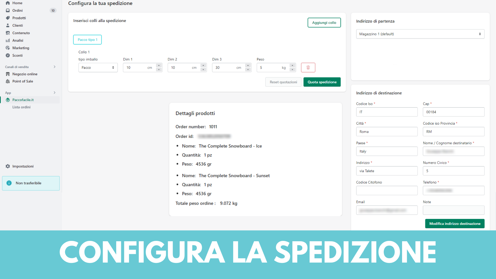 Configura la spedizione