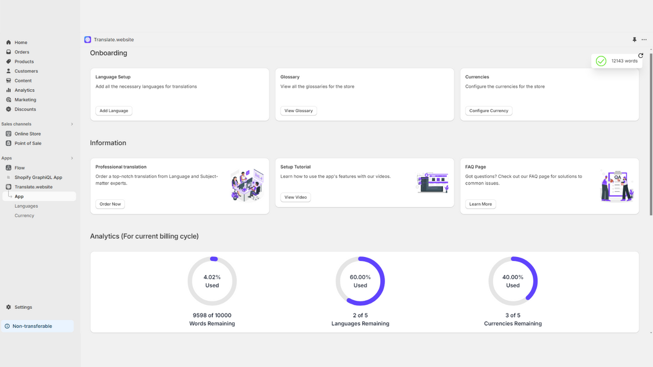 Translate.website shopify app instrumentpanel.