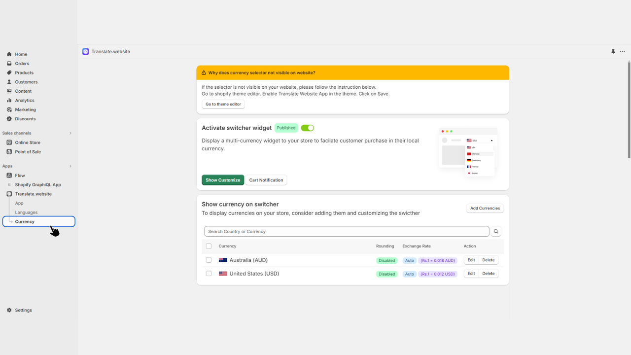 Página de idiomas de la aplicación Shopify de Translate.website.