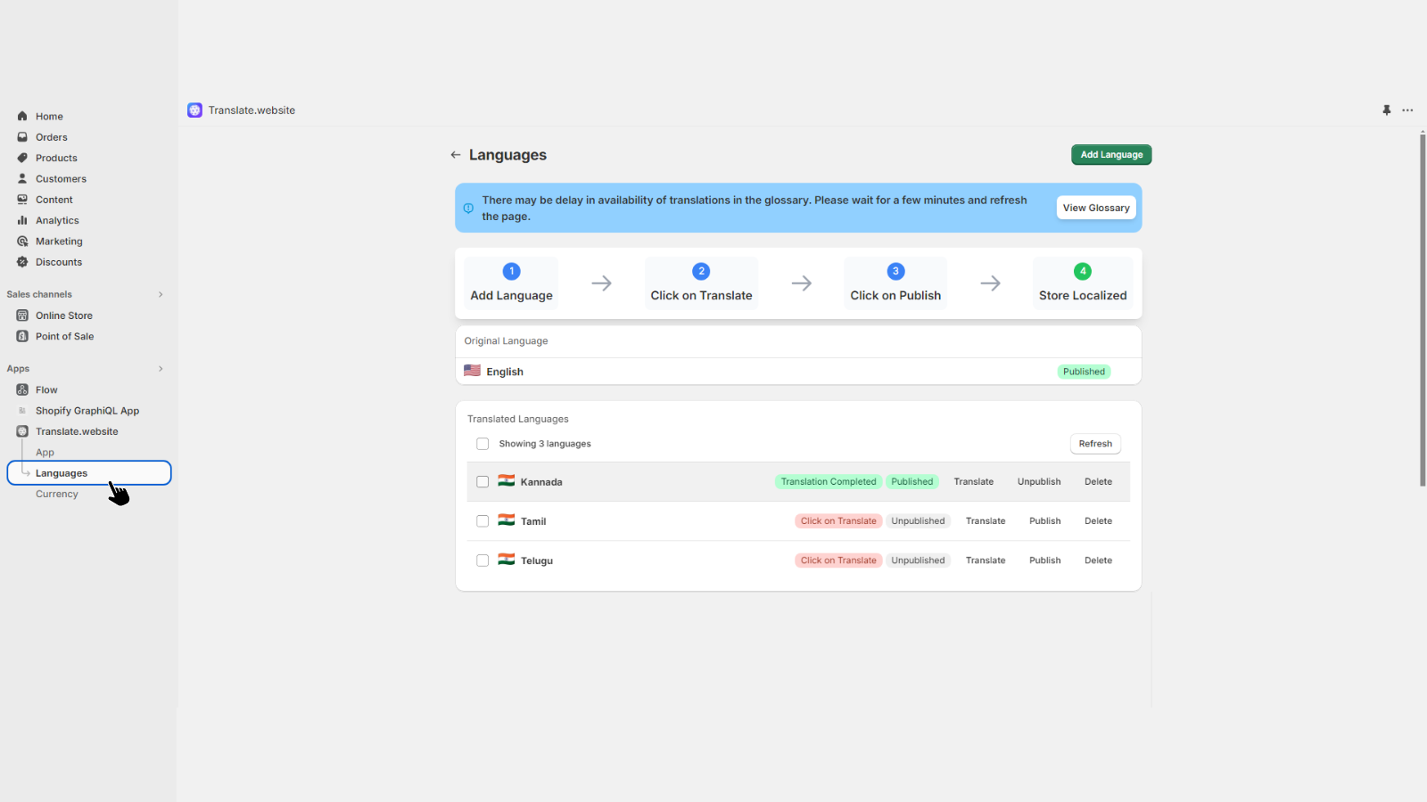 Translate.website shopify app language page.