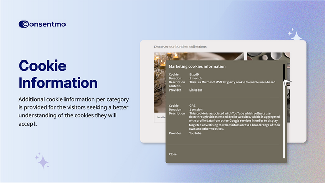 Consentmo GDPR-App, die Cookie-Informationen nach Kategorien erklärt.