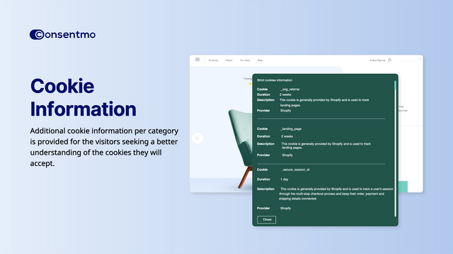 Aplicación GDPR de Consentmo explicando la información de cookies por categorías.