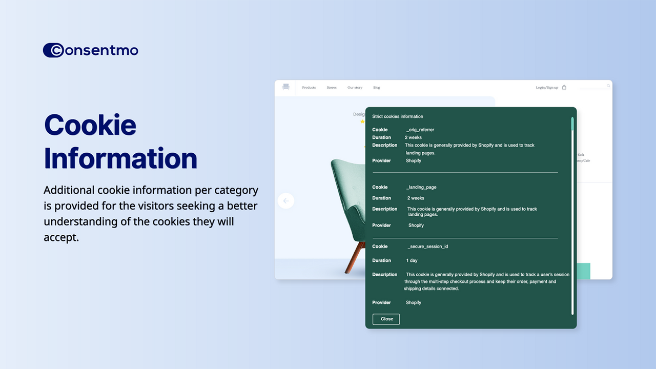 Consentmo GDPR-app, der forklarer cookie-information efter kategorier.