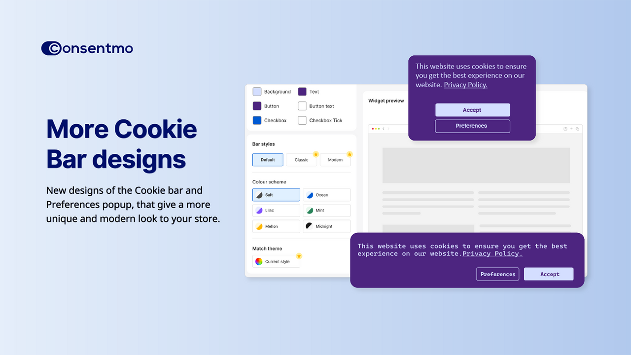 Various Consentmo Cookie bar designs available for customization