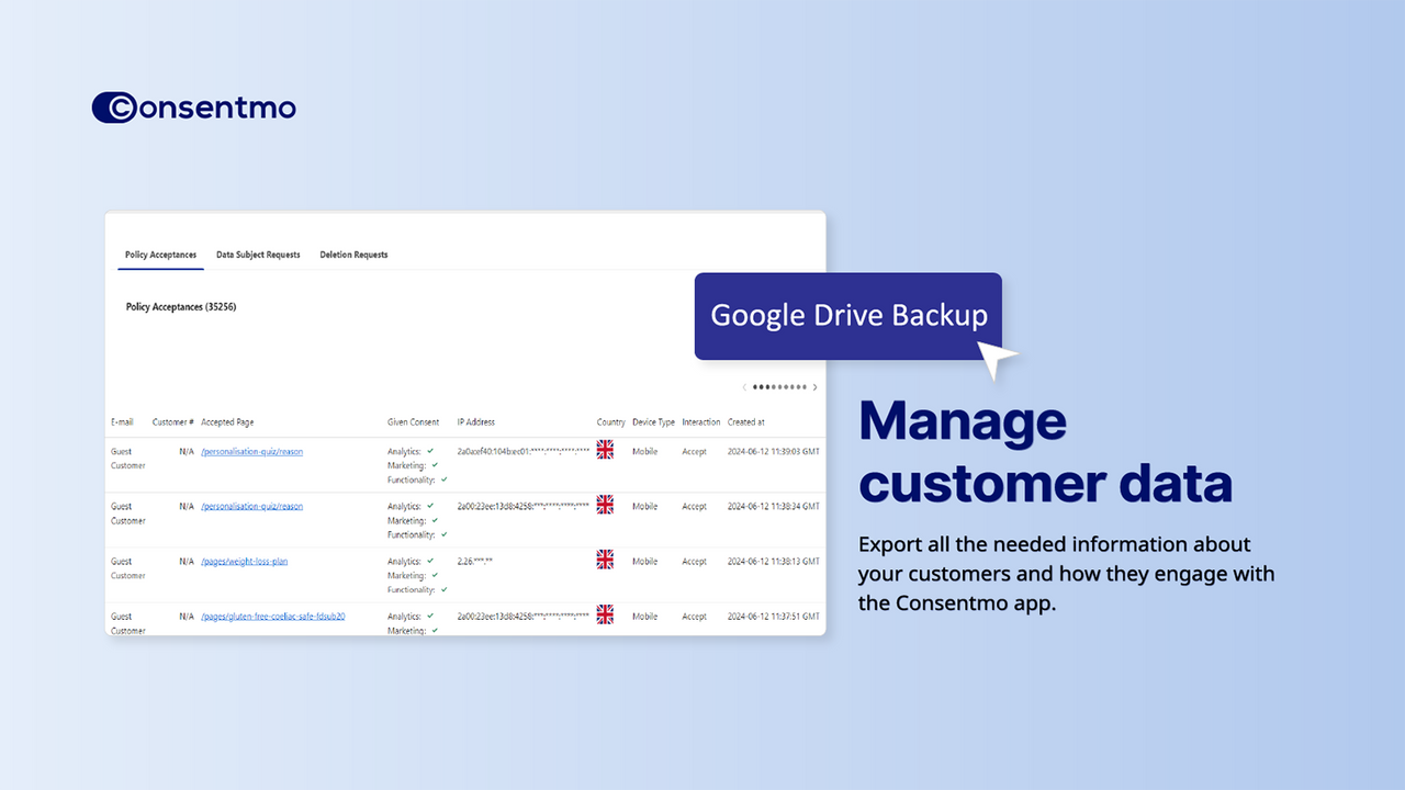 Consentmo-dashboard med Google Drive-backup til datamanagement