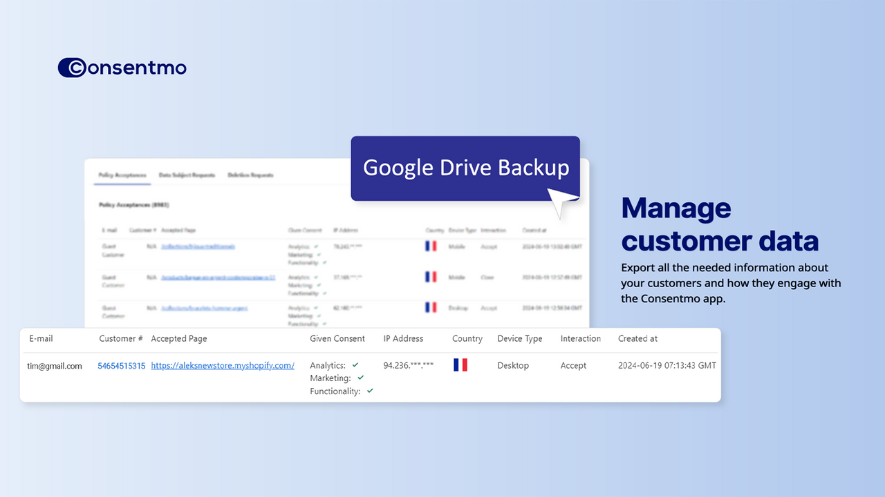 Consentmo-dashboard med Google Drive-backup til datamanagement