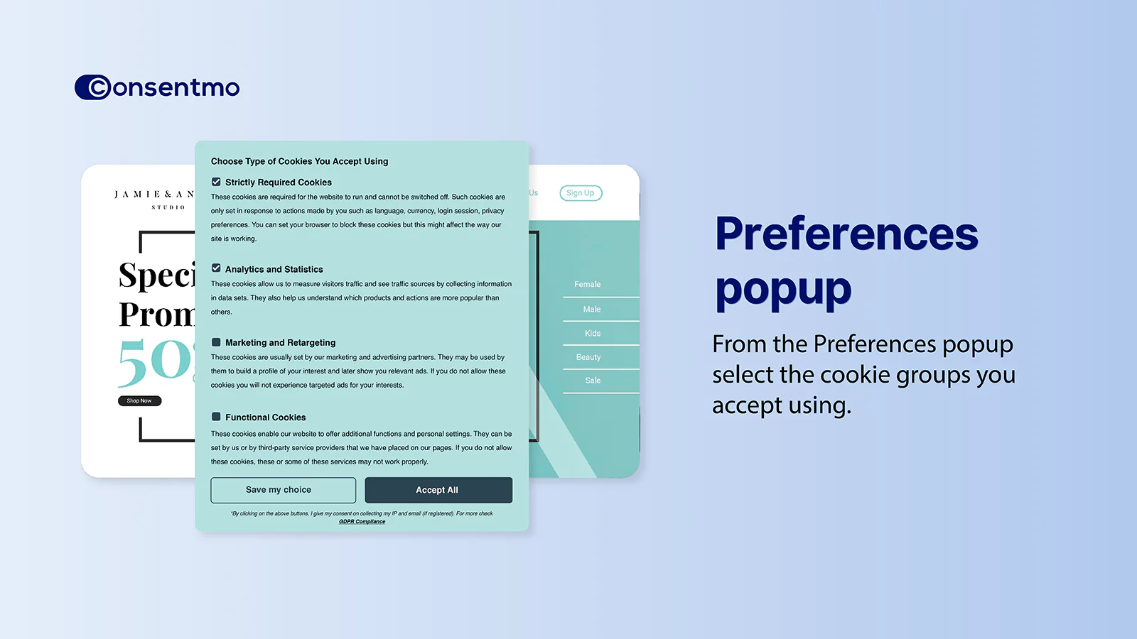 Consentmo Preferences popup detailing cookie acceptance options.