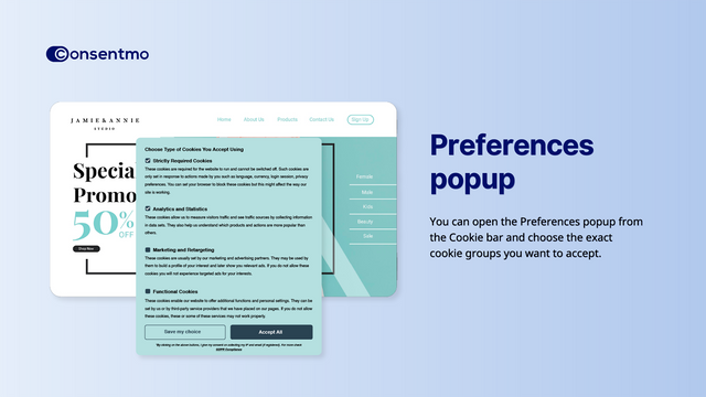 Popup de Preferências do Consentmo detalhando opções de aceitação de cookies.