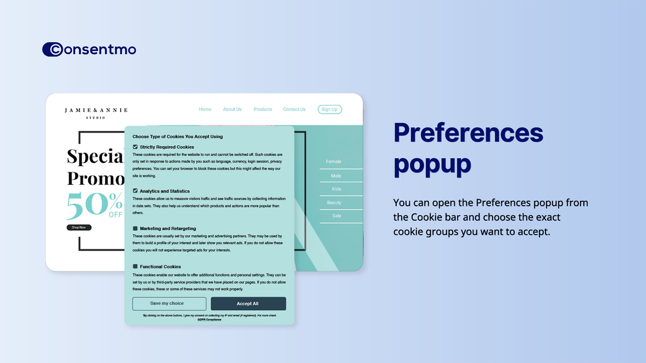 Consentmo Preferences popup detailing cookie acceptance options.