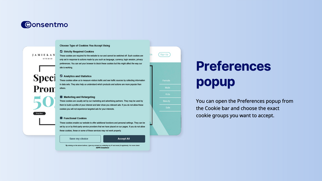 Consentmo Preferences-popup som detaljerar cookie-acceptansalternativ.