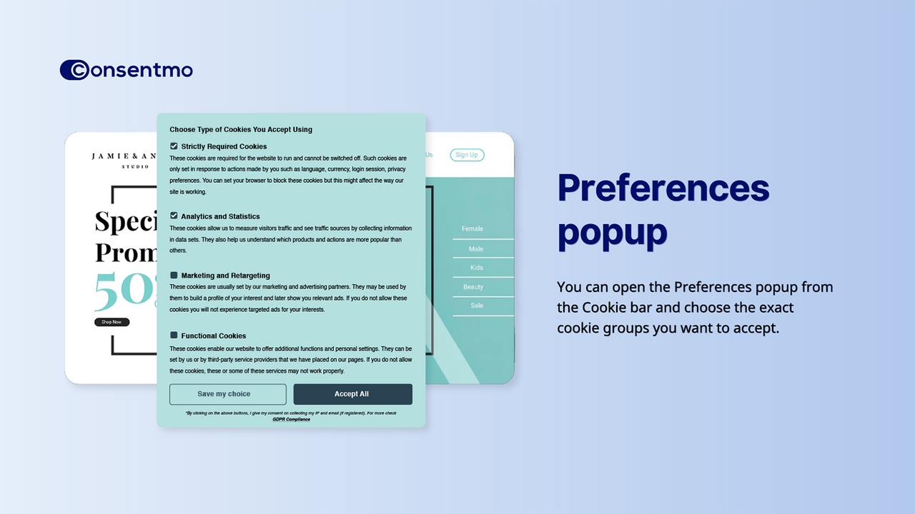 Consentmo Voorkeuren-popup met details over cookieacceptatie-opties.