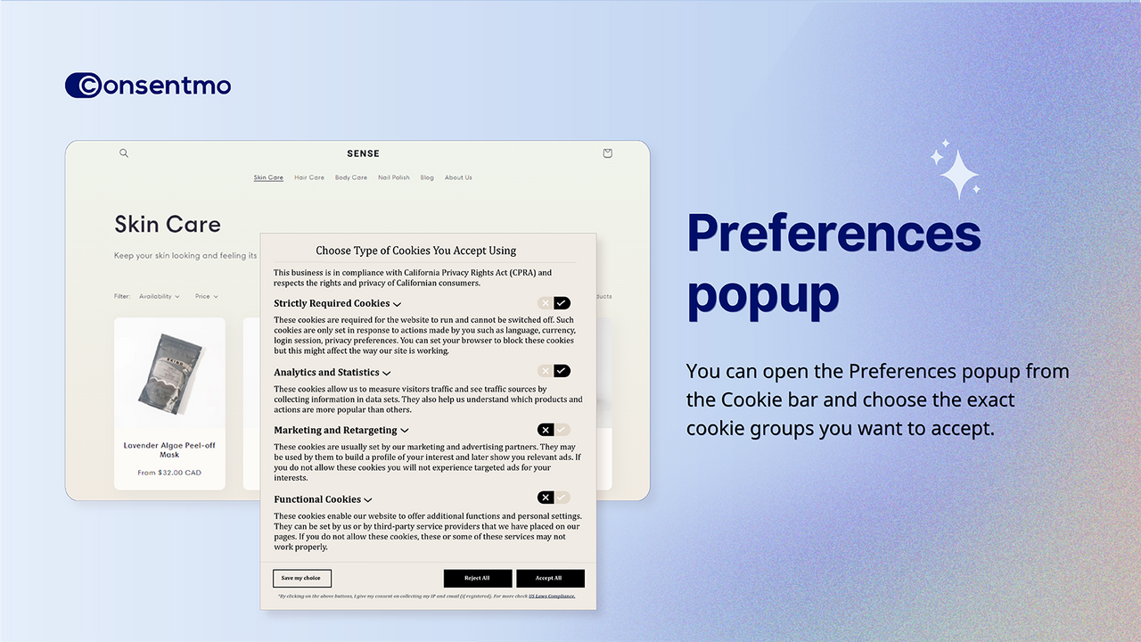 Consentmo Preferences popup detailing cookie acceptance options.