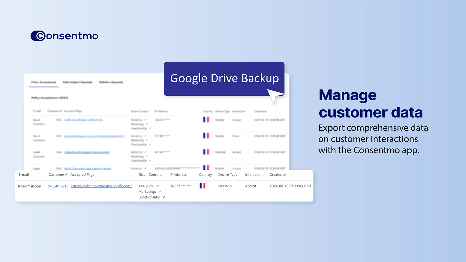 Zustimmungsprotokoll mit Google Drive-Backup für das Datenmanagement