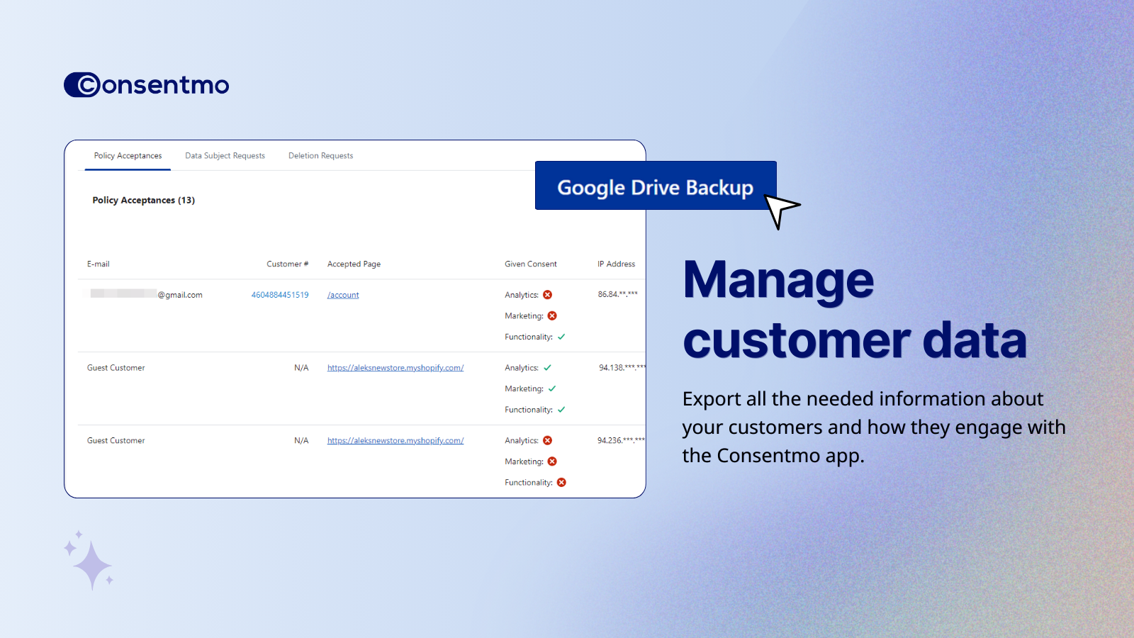 Consentmo dashboard with Google Drive backup for data management