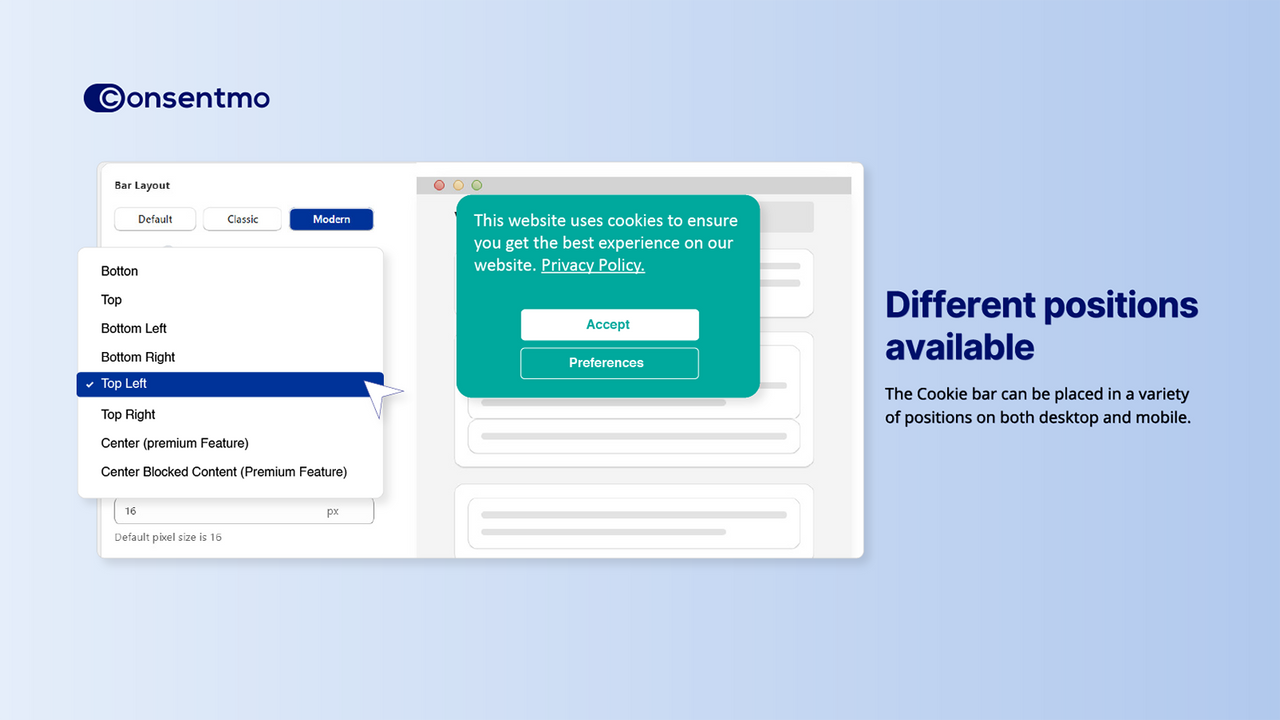 Consentmo Cookie bar Customization screen for desktop and mobile