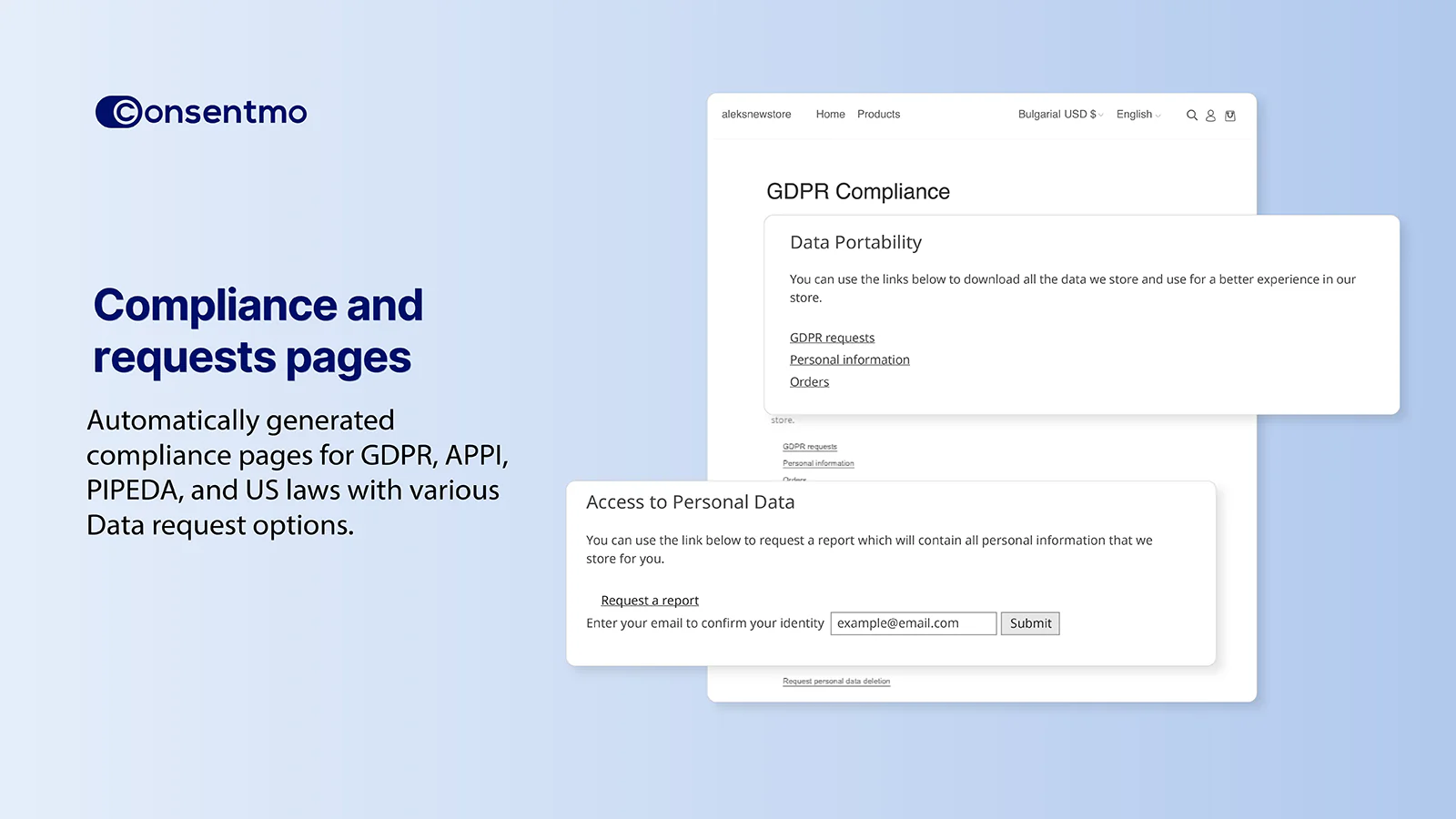 Pages de conformité GDPR, APPI, PIPEDA et lois américaines de Consentmo.