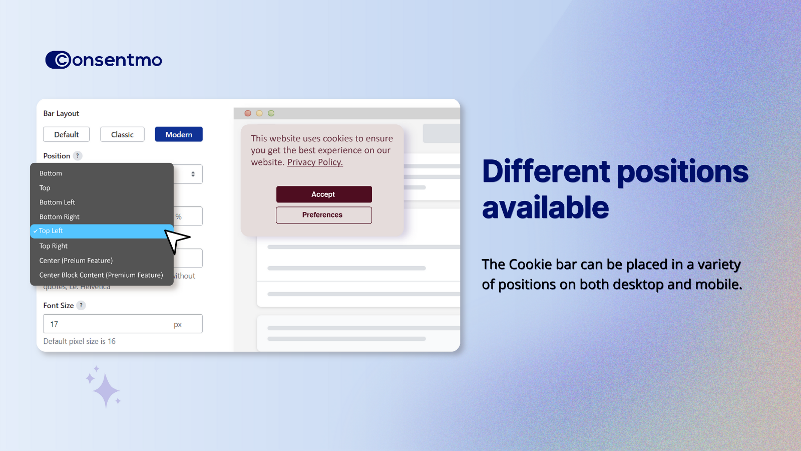 Consentmo Cookie bar Customization screen for desktop and mobile